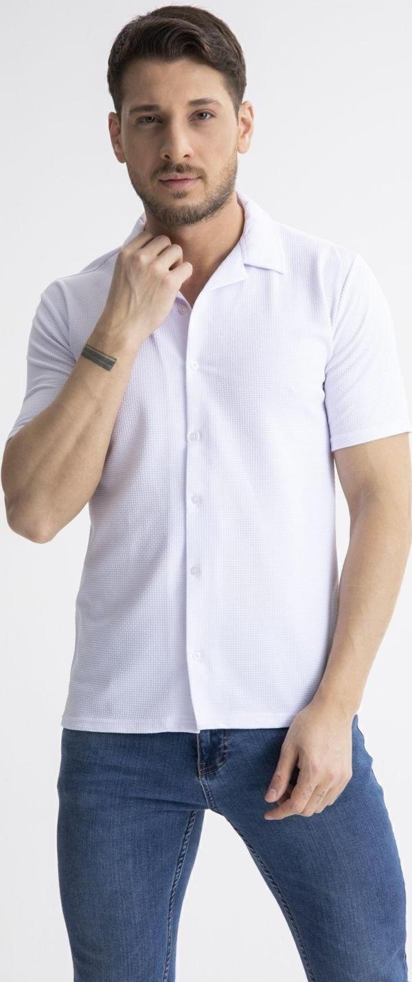 Mero Life Erkek Beyaz Slim Fit Yazlık Kısa Kol Apaş Yaka Pamuklu Kumaş Gömlek - Image 1