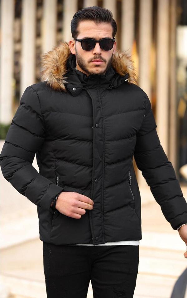 Mero Life Erkek Kapüşonlu Su Ve Rüzgar Geçirmez Siyah Şişme Mont & Kaban - Image 1