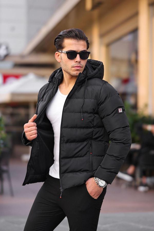 Mero Life Erkek Siyah Dar Kesim Kapüşonlu Dik Yaka Şişme Mont - Image 1