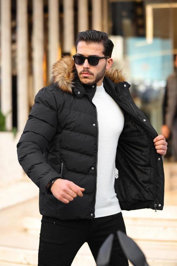 Mero Life Erkek Siyah Kapüşonlu Su Ve Rüzgar Geçirmez Şişme Mont - Image 1