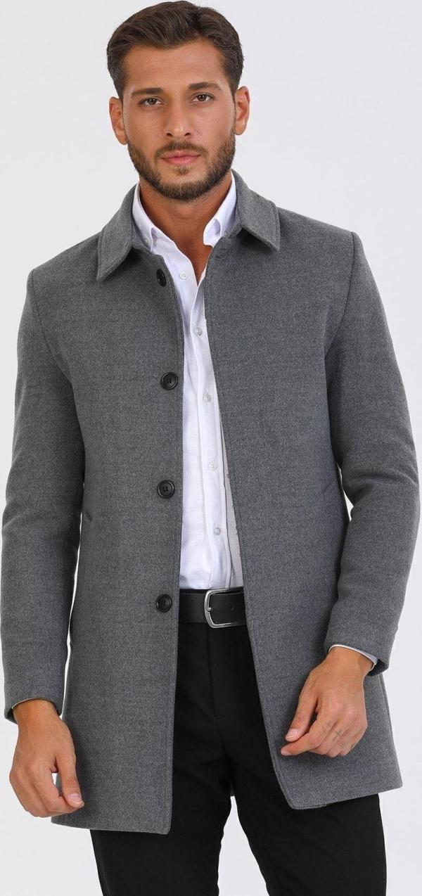 Mero Life Erkek Gri Dar Kesim Yün Karışımlı Kaşe Gömlek Yaka Palto Kaban - Image 1