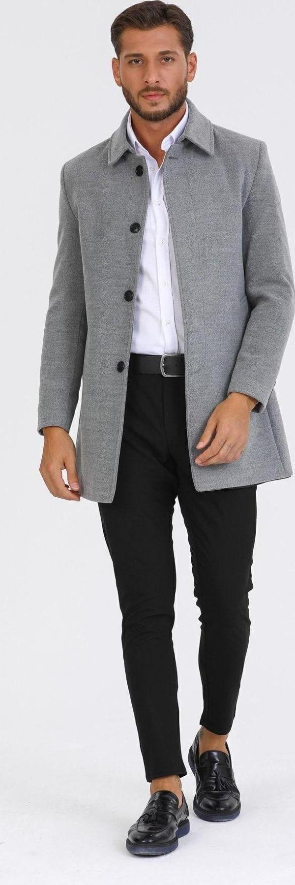 Mero Life Erkek Açık Gri Dar Kesim Yün Karışımlı Kaşe Gömlek Yaka Palto Kaban - Image 1