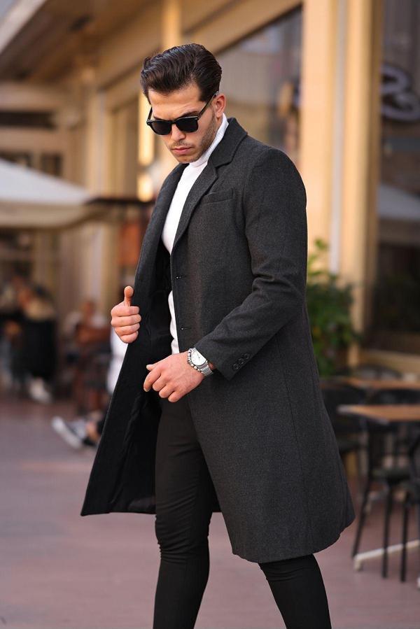 Mero Life Erkek Antrasit Dar Kesim Uzun Yün Karışımlı Kaşe Kaban - Image 1