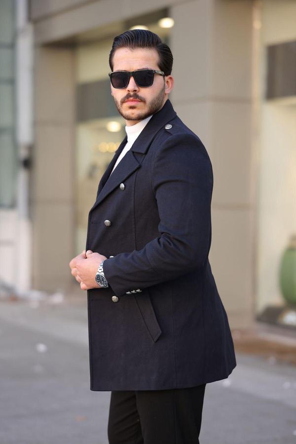 Mero Life Erkek Yeni Sezon Düğme Detaylı  Dar Kesim Kruvaze Yaka Lacivert Kaşe Kaban - Image 1