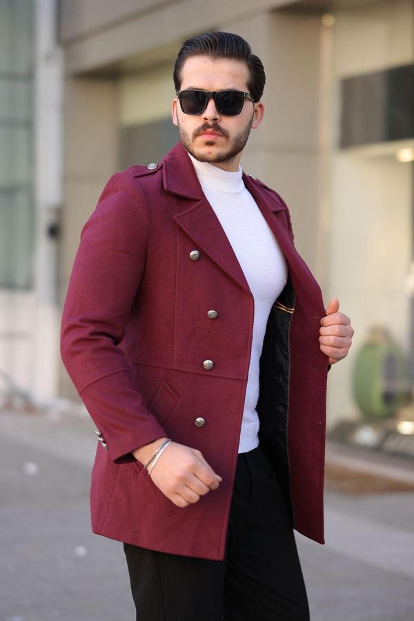 Mero Life Erkek Yeni Sezon Düğme Detaylı  Dar Kesim Kruvaze Yaka Bordo Kaşe Kaban - Image 1