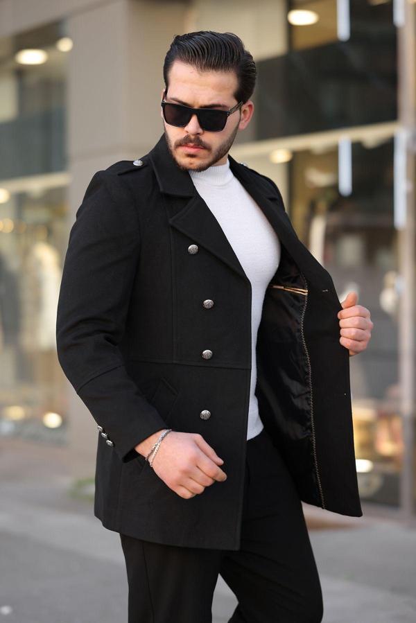 Mero Life Erkek Yeni Sezon Düğme Detaylı  Dar Kesim Kruvaze Yaka Siyah Kaşe Kaban - Image 1