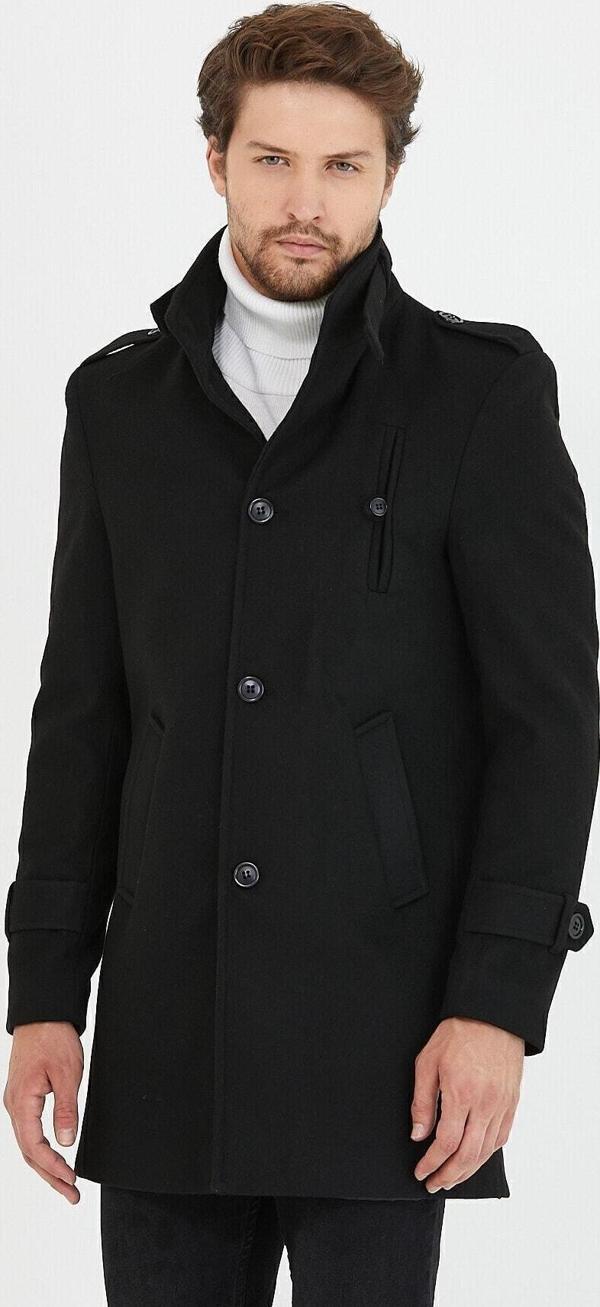 Mero Life Erkek Siyah Dar Kesim Dik Yaka Uzun Yün Karışımlı Kaşe Kaban - Image 1