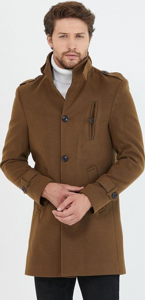 Mero Life Erkek Taba Dar Kesim Dik Yaka Uzun Yün Karışımlı Kaşe Kaban - Image 1