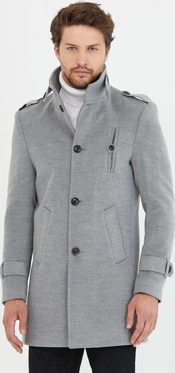 Mero Life Erkek Açık Gri Dar Kesim Dik Yaka Uzun Yün Karışımlı Kaşe Kaban - Image 1