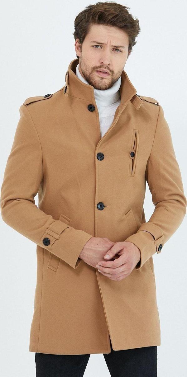 Mero Life Erkek Vizyon Dar Kesim Dik Yaka Uzun Yün Karışımlı Kaşe Kaban - Image 1