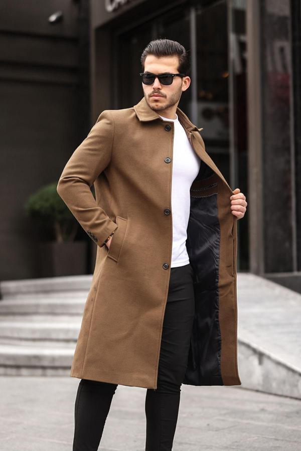 Mero Life Erkek Taba Dar Kesim Uzun Yün Karışımlı Kaşe Gömlek Yaka Palto&Kaban - Image 1