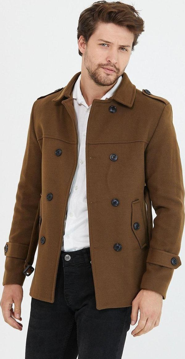 Mero Life Erkek Taba Kemerli Kaşe Kaban Trenç Model - Image 1