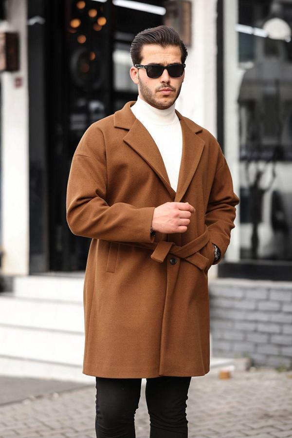 Mero Life Erkek Taba Kemerli Oversize Rahat Kesim Kaşe Kaban - Image 1