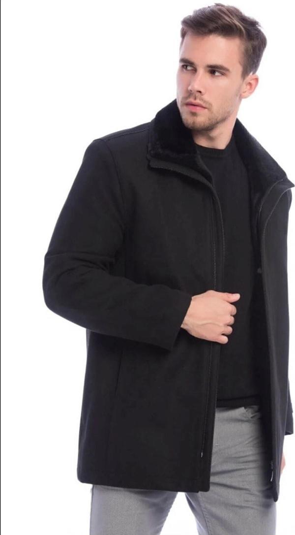 Mero Life Erkek Siyah Yün Karışımlı Çift Yaka Kürklü Önü Fermuarlı Iç Kısmı Kapitone Astarlı Kaşe Kaban - Image 1
