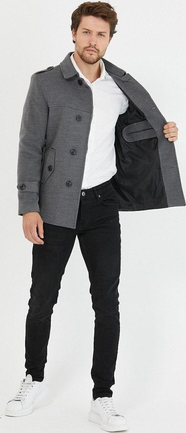 Mero Life Erkek Gri Kemerli Kaşe Kaban Trenç Model - Image 1