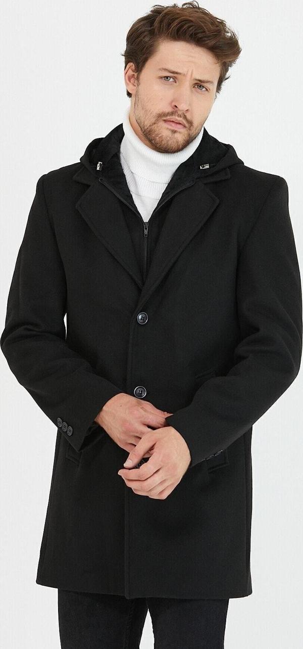 Mero Life Erkek Siyah Yün Karışımlı Kaşe Kapüşonlu Önü Fermuarlı Ve Düğmeli Uzun Kaban - Image 1