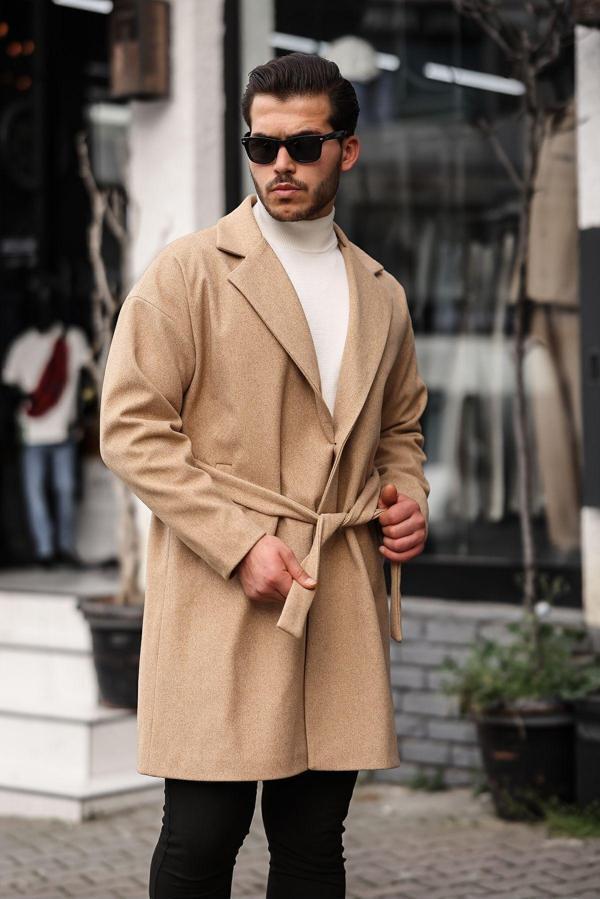 Mero Life Erkek Hardal Kemerli Oversize Rahat Kesim Kaşe Kaban - Image 1