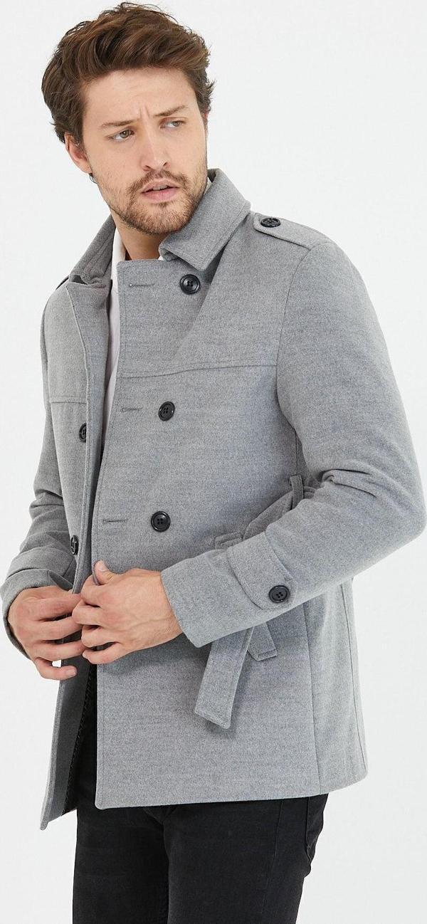 Mero Life Erkek Açık Gri Kemerli Kaşe Kaban Trenç Model - Image 1
