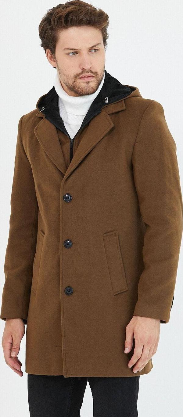 Mero Life Erkek Taba Yün Karışımlı Kaşe Kapüşonlu Önü Fermuarlı Ve Düğmeli Uzun Kaban - Image 1