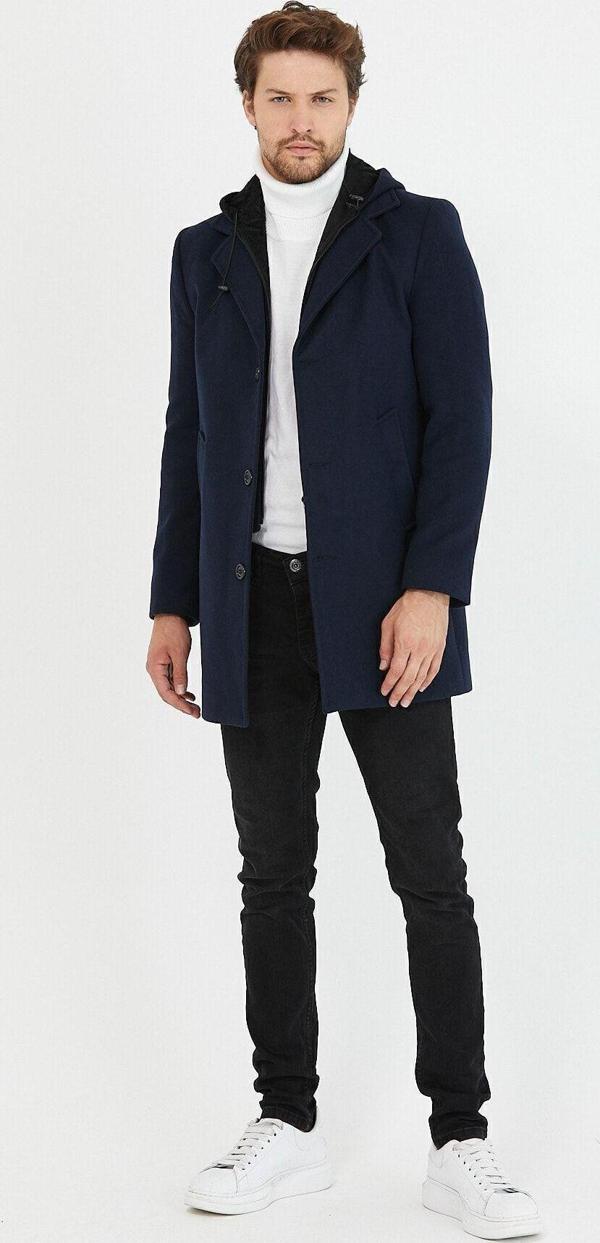 Mero Life Erkek Lacivert Yün Karışımlı Kaşe Kapüşonlu Önü Fermuarlı Ve Düğmeli Uzun Kaban - Image 1