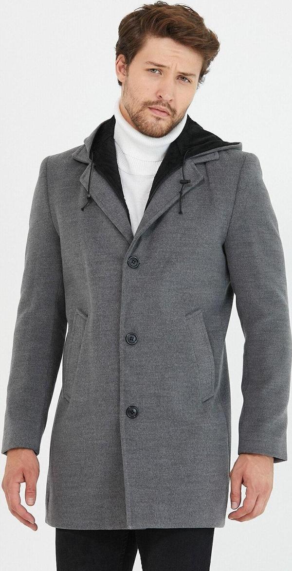 Mero Life Erkek Gri Yün Karışımlı Kaşe Kapüşonlu Önü Fermuarlı Ve Düğmeli Uzun Kaban - Image 1