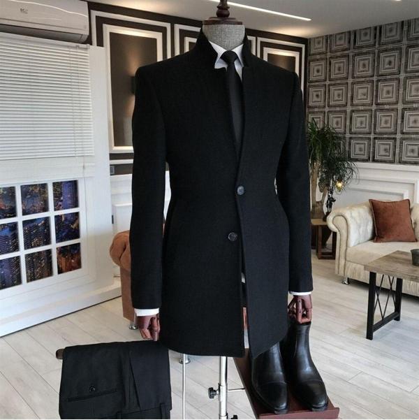 Mero Life Erkek Siyah Slim Fit Dik Yaka Yün Karışımlı Kaşe Kaban - Image 1