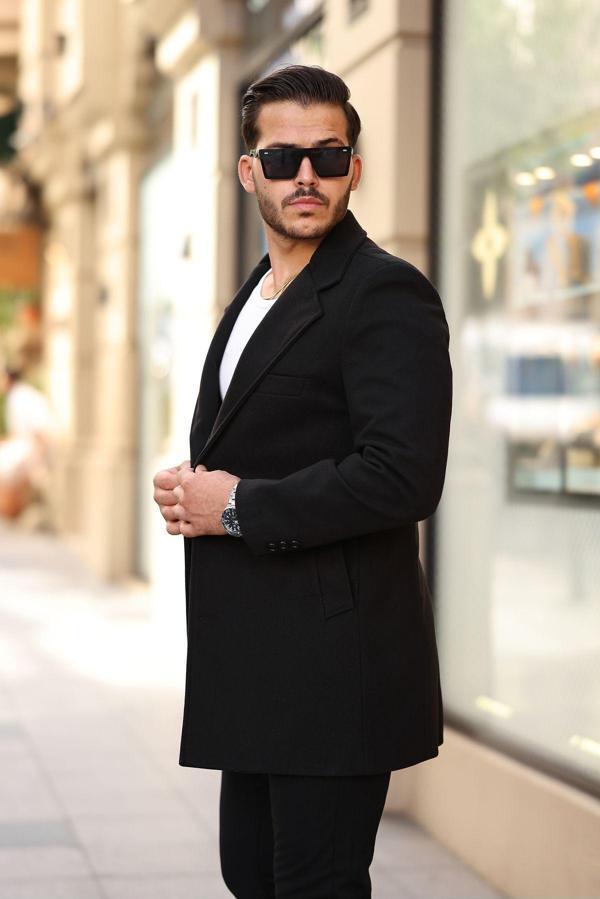 Mero Life Erkek Slim Fit Tek Yırtmaçlı Düğmeli Mono Yaka Siyah Kaşe Kaban - Image 1