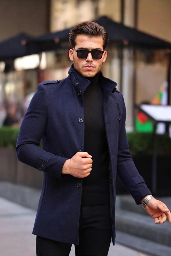 Mero Life Erkek Lacivert Dar Kesim Dik Yaka Uzun Yün Karışımlı Kaşe Kaban - Image 1