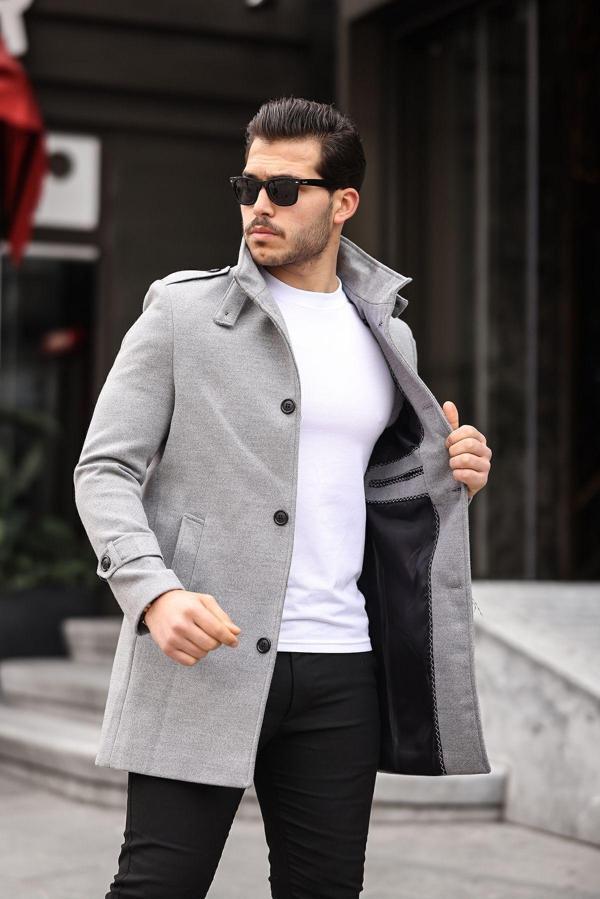 Mero Life Erkek Açık Gri Dar Kesim Dik Yaka Uzun Yün Karışımlı Kaşe Kaban - Image 1