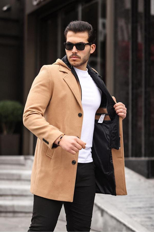 Mero Life Erkek Vizyon Yün Karışımlı Kaşe Kapüşonlu Önü Fermuarlı Ve Düğmeli Uzun Kaban - Image 1