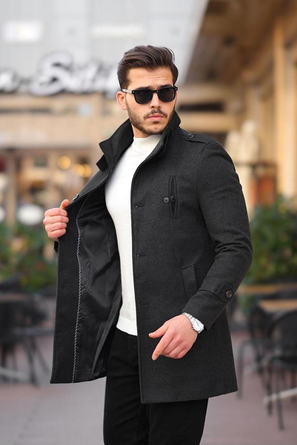 Mero Life Erkek Antrasit Dar Kesim Dik Yaka Uzun Yün Karışımlı Kaşe Kaban - Image 1