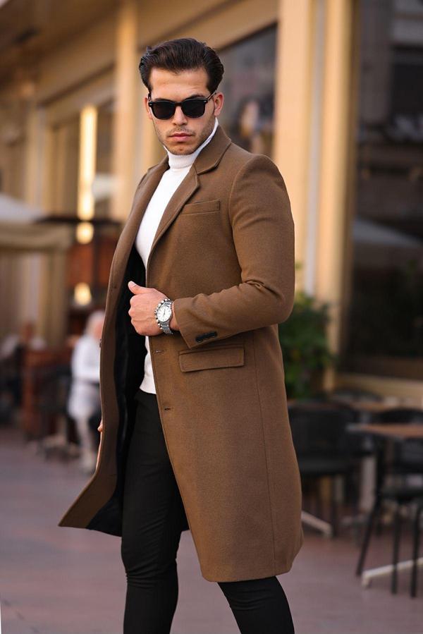 Mero Life Erkek Taba Dar Kesim Uzun Yün Karışımlı Kaşe Kaban - Image 1