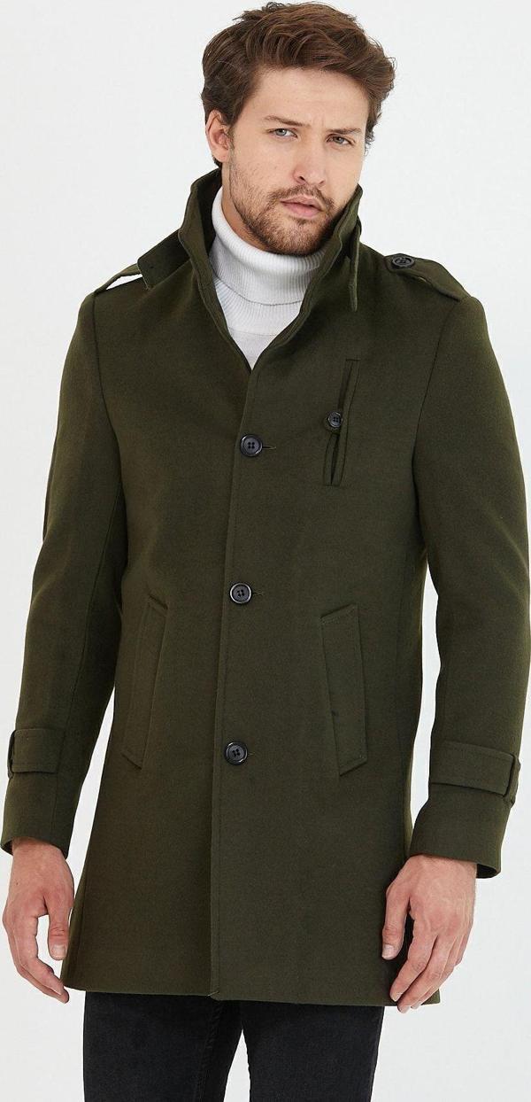 Mero Life Erkek Haki Dar Kesim Dik Yaka Uzun Yün Karışımlı Kaşe Kaban - Image 1