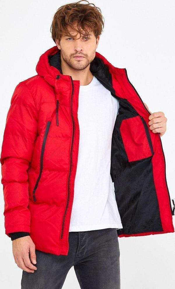 Mero Life Erkek Kırmızı Dar Kesim Kapüşonlu Dik Yaka Şişme Kaban & Mont - Image 1