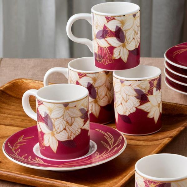 Güral Porselen Camelia 12 Parça 6 Kişilik Kahve Takımı 67081 - Bordo - Image 1