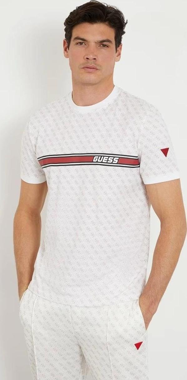 Guess Erkek Beyaz Tamamı Logolu T-Shirt - Image 1