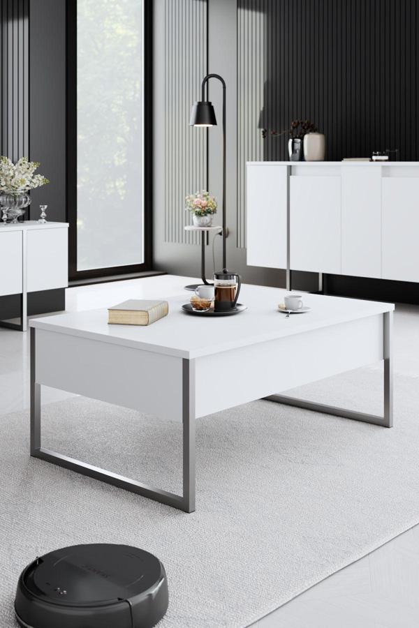 Modatte Luxe Gümüş Demir Ayaklı Beyaz Orta Sehpa - Image 1