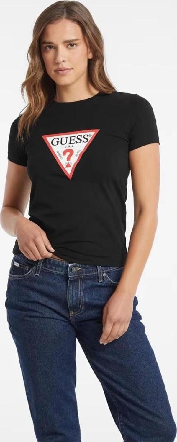 Guess Kadın  Üçgen Logolu Siyah  T-Shirt - Image 1
