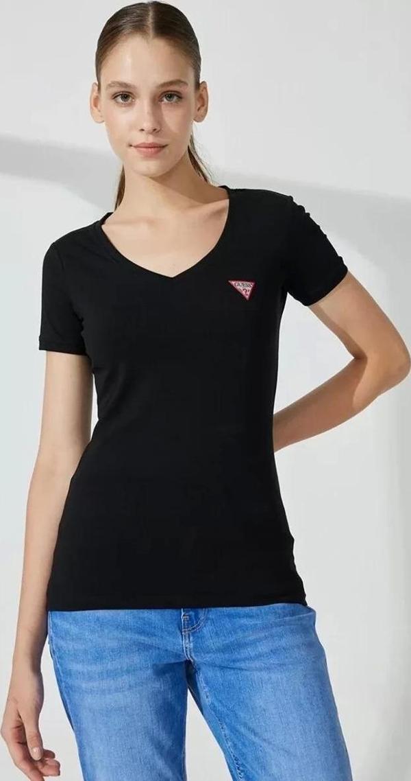 Guess Kadın Üçgen Logolu Siyah T-Shirt - Image 1