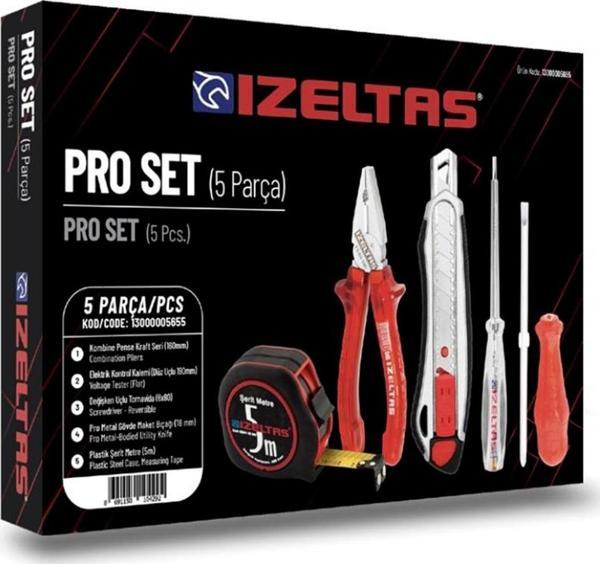İzeltaş 5'li Pro Set 5 Parça Kraft Pense 160mm Kontrol Kalemi Tornavida Maket Bıçağı Şerit Metre - Image 1