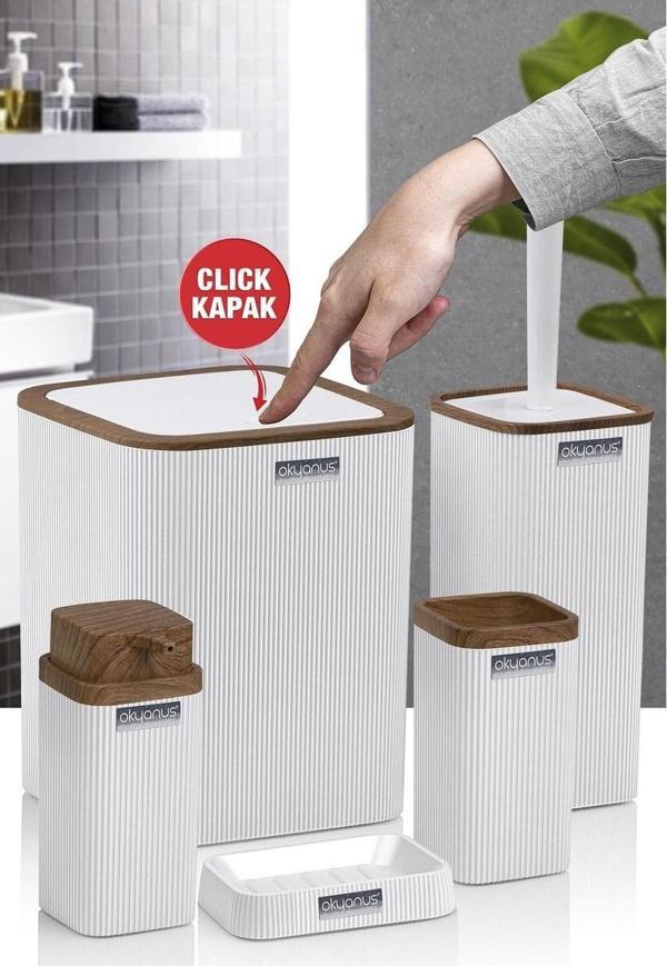 Okyanus Home Stella Beyaz Ahşap Desenli Çizgili 5'li Banyo Seti - Image 1