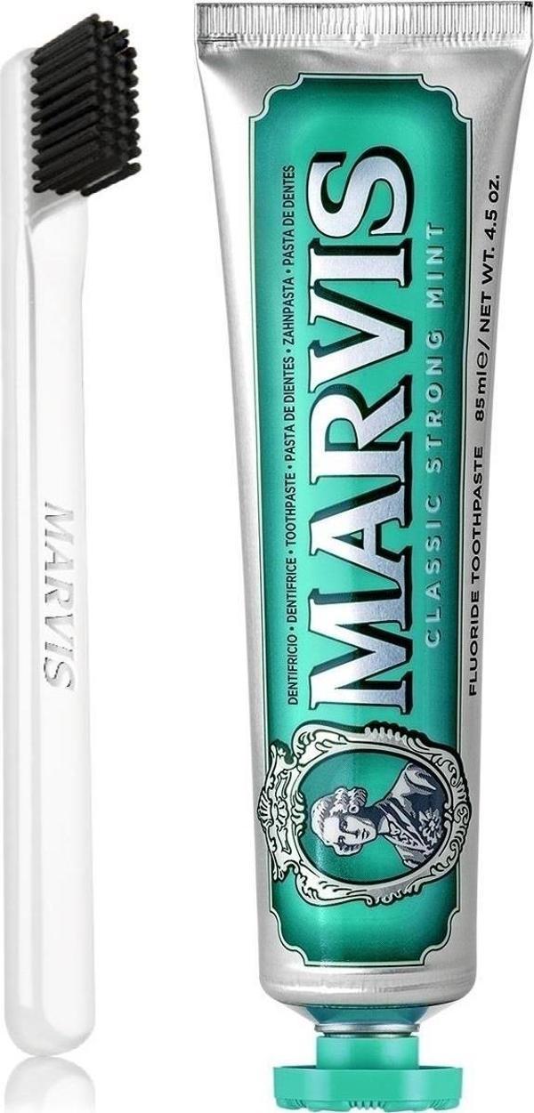 Marvis Classic Strong Mint Beyazlatıcı Diş Macunu 85 ml ve Marvis White Soft Diş Fırçası - Image 1