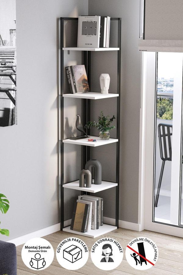 Bofigo 5 Raflı Metal Köşe Kitaplık Rafı Dekoratif Aksesuar Rafı Selanik 180 cm Beyaz  - Image 1