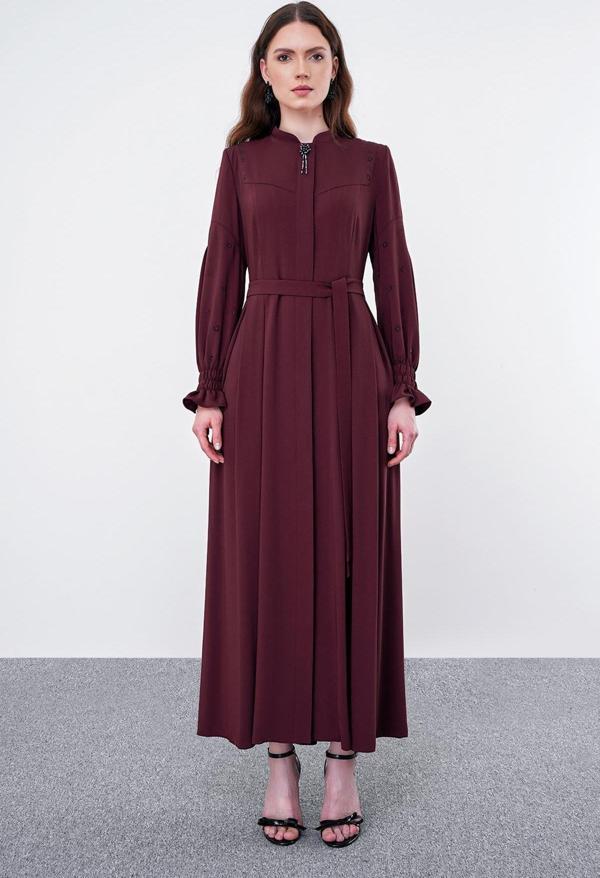 Kuşaklı Aksesuar Detaylı Mürdüm Pardesü 12399 - Image 1