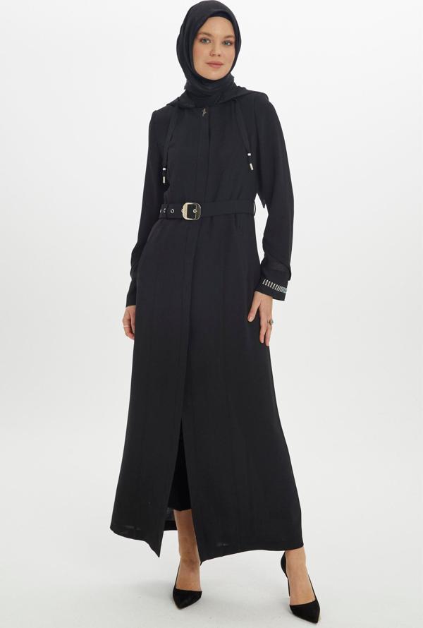 Kapüşonlu ve Kemer Detaylı Siyah Pardesü 13183 - Image 1