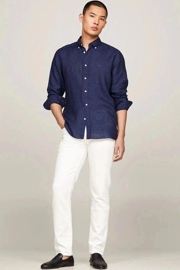 Tommy Hilfiger Pudra Pigment Lacivert Keten Gömlek - Image 1