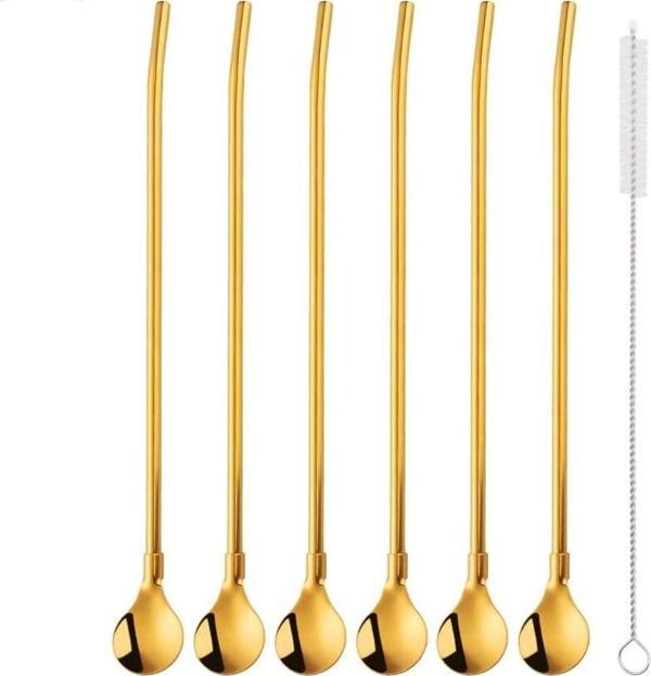 6'lı Gold Pipetli Latte Kaşığı Kokteyl Kaşığı Ve Temizleme Fırçası, 22 Cm Yuvarlak Model - Image 1