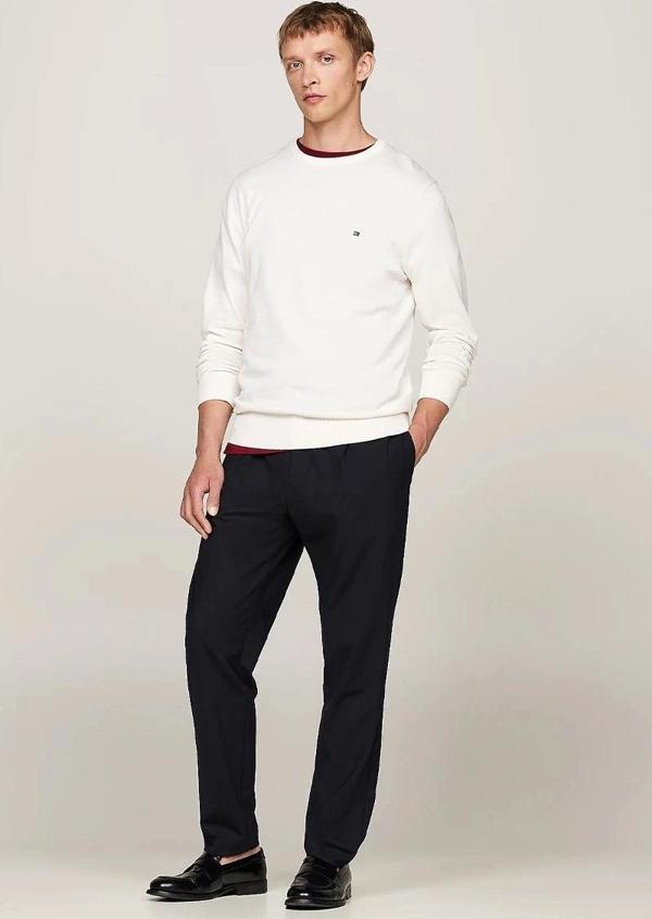 Tommy Hilfiger Erkek Logolu Bisiklet Yaka Beyaz Kazak - Image 1