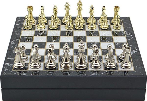 GiftHome Büyük Boy Metal Klasik Satranç Tk. Parlak ve Mermer Desenli Sandıklı MDF Tahtası(36X36X6 cm.) - Image 1