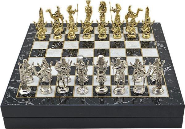 GiftHome Büyük Boy Metal Mısır Satranç Takımı Parlak ve Mermer Desenli Sandıklı MDF Tahtası(36X36X6 cm.) - Image 1